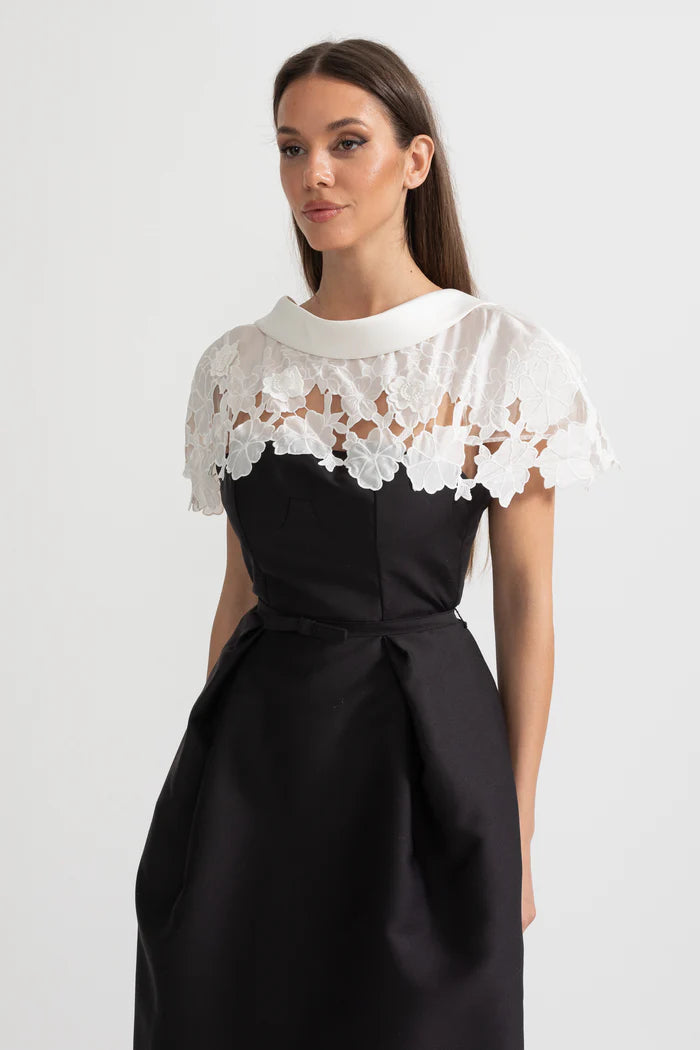 Elegant Midi Dress with Contrasting Floral Lace Cape Detail - Black