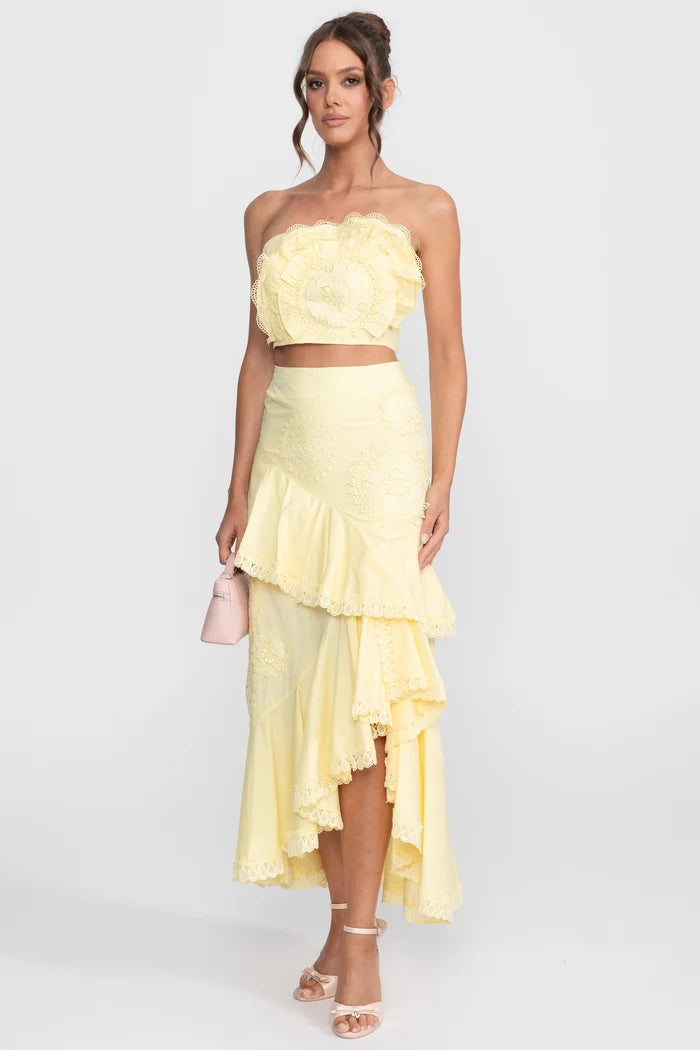 Crochet Medallion Two-Piece Set With Ruffled Maxi Skirt - Yellow