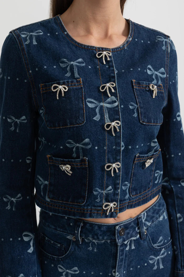 Denim-Koordinat-Ensemble mit langärmer Jacke und Weitbein-Jeans-Blau