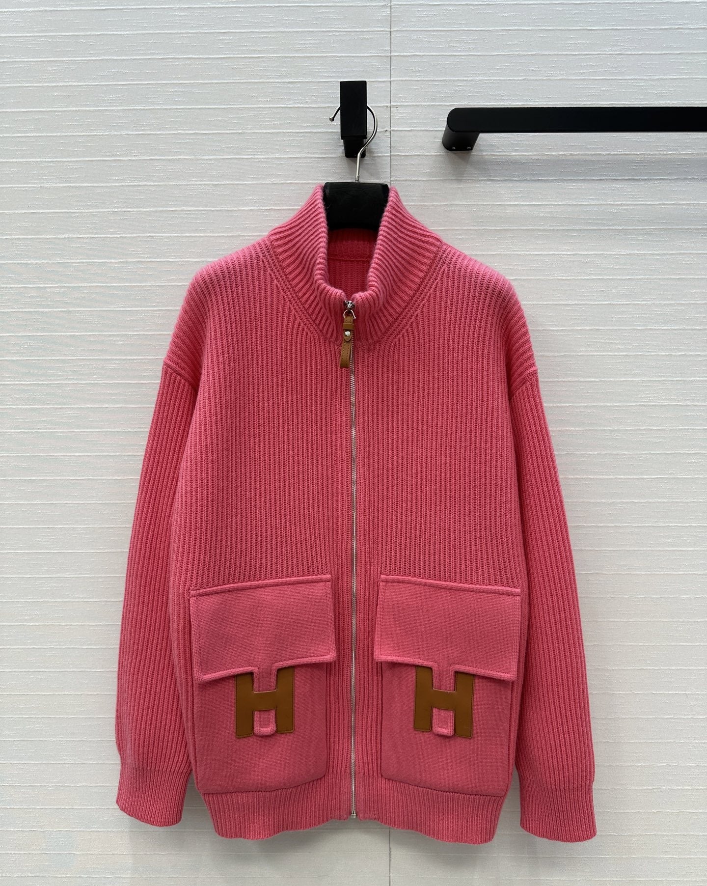 Zipper Contrast High Collar Cashmere Knit jacket