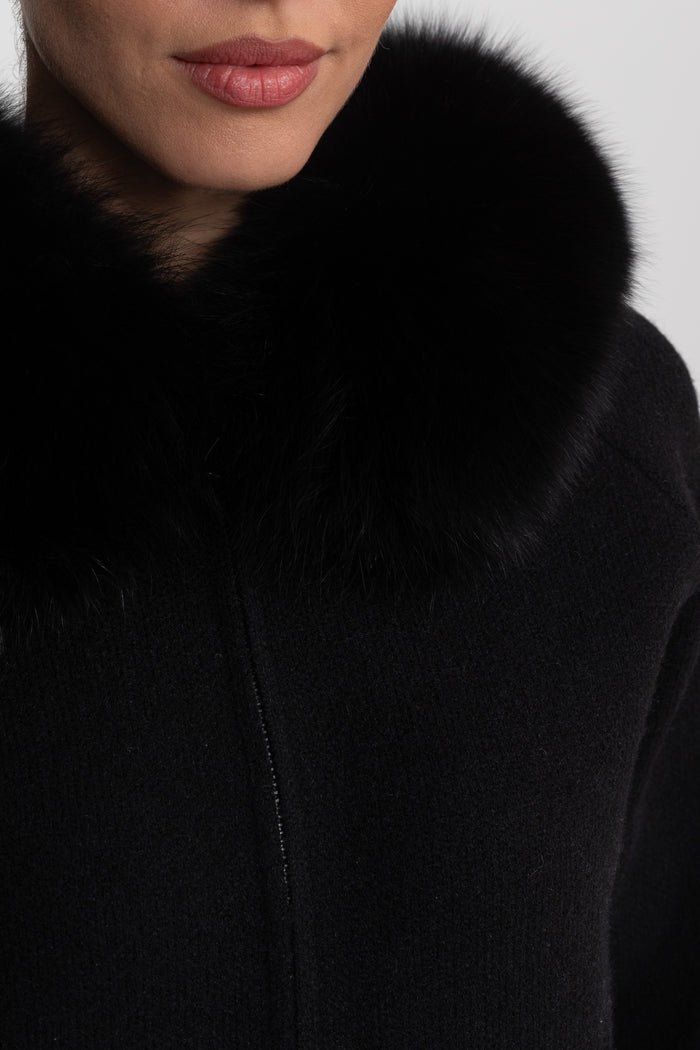 Zip-Up Wool Hoodie With Fox Fur Collar – Black