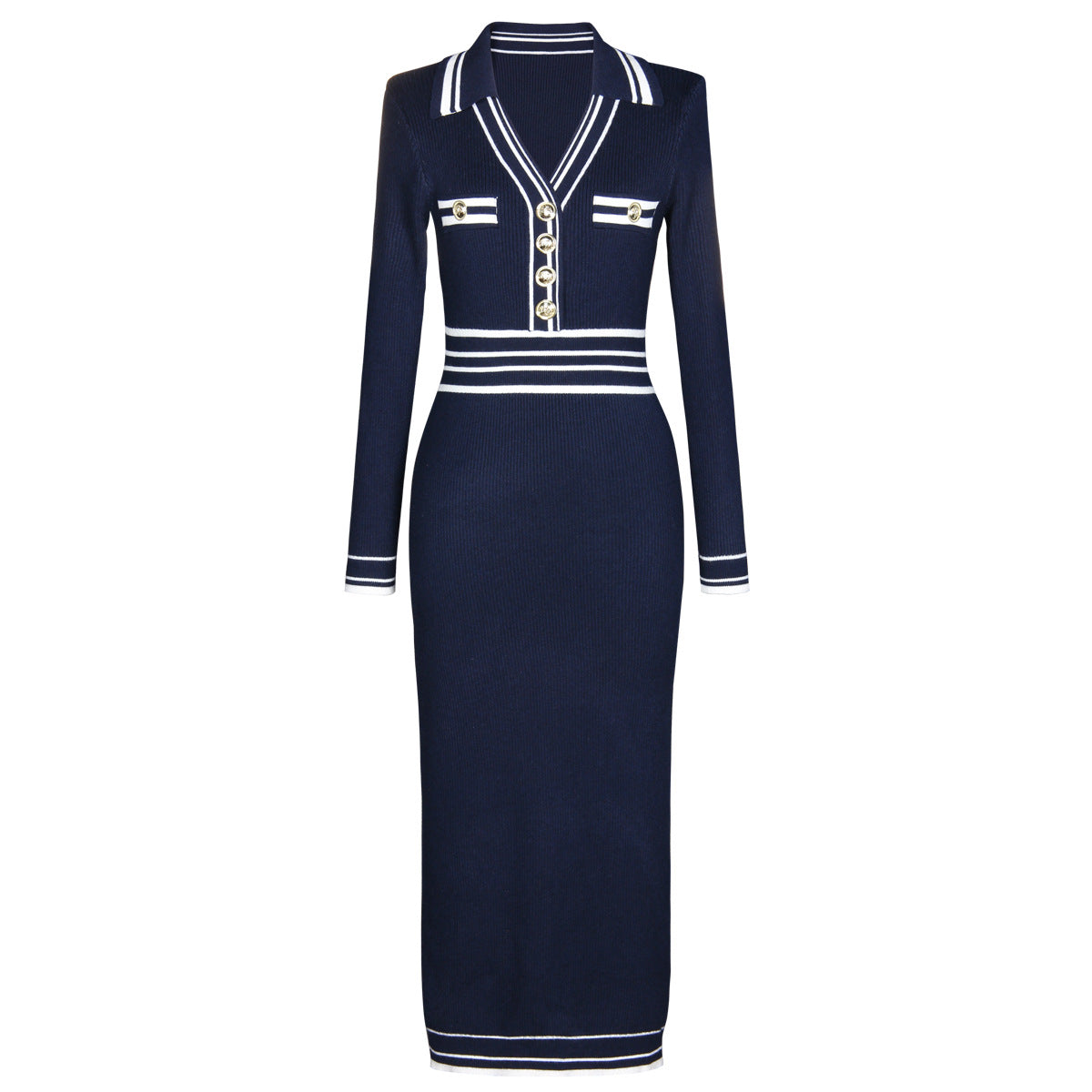 Knitted Lapel Patchwork Slim Long Sleeve Dress