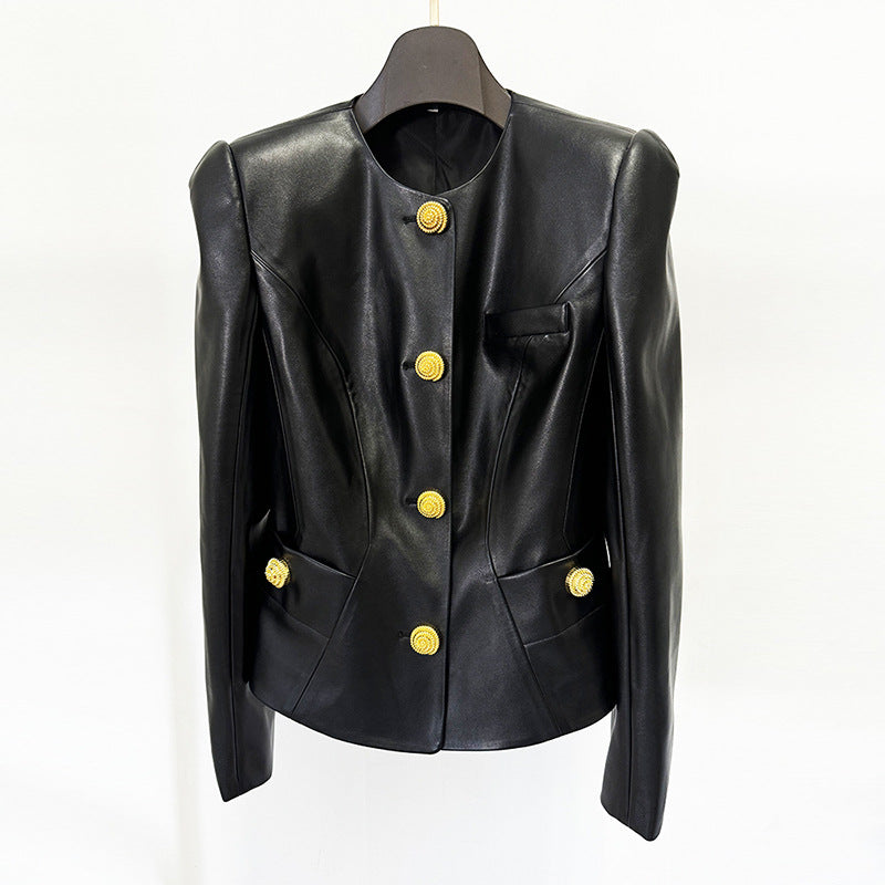 Snail metal buttons, slim fit, leather jacket