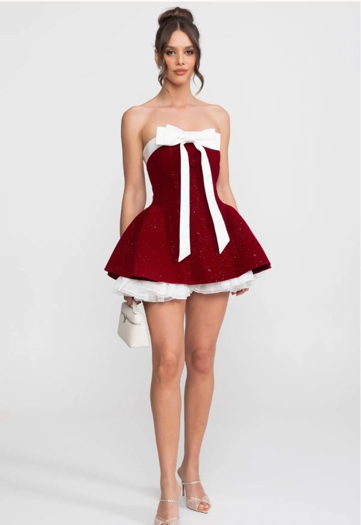 Strapless Velvet Mini Dress With Satin Bow And Ruffle Hem - Red