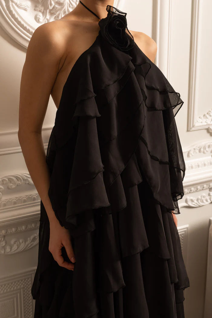 Layered Ruffle Halter Dress With Decorative Neckline Flower - Black