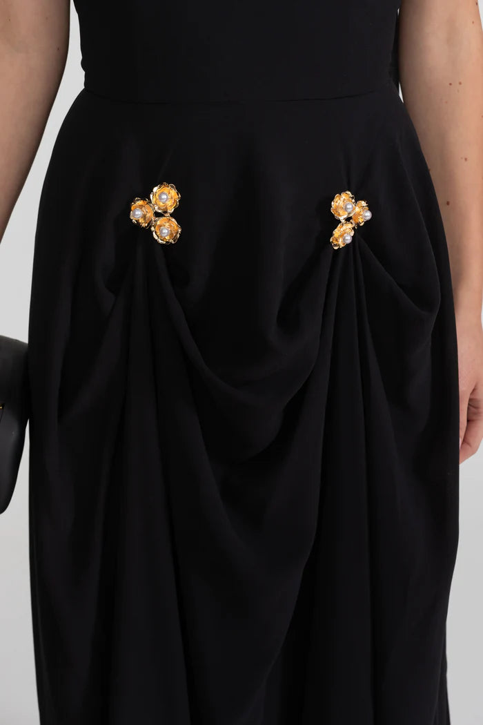 Strapless Draped Gown With Gold Flower Embellishments – Black