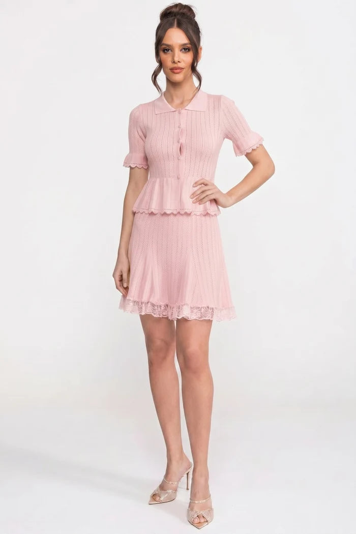 Peter-Pan Collar Knit Peplum Co-Ord set With Lace Hem - Pink
