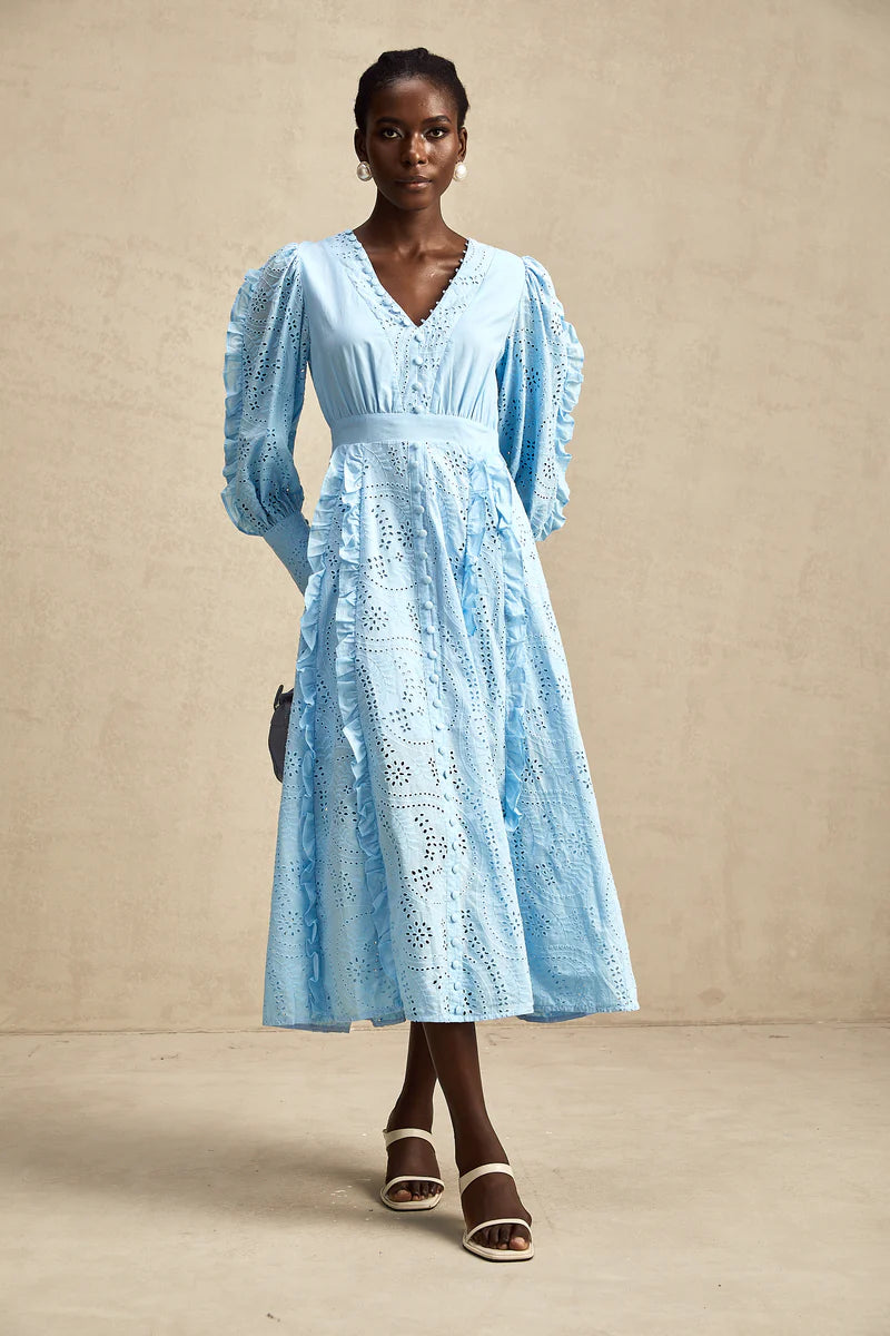 Raphaëlle blue open-work ruffled midi dress