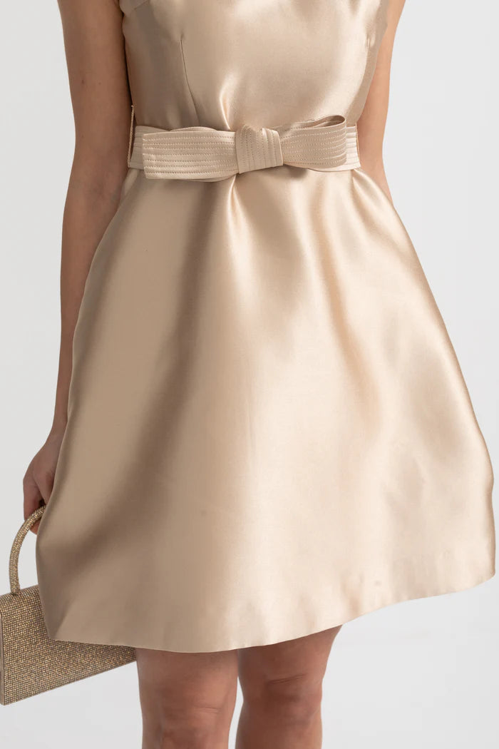 Satin Dress With Contrasting White Collar And Coordinated Matching Bow Belt - Beige