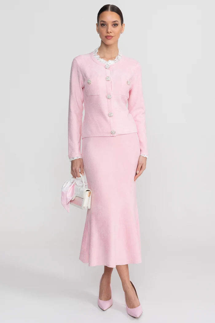 Long Sleeve Co-Ord With Fitted Knit Bodice And Crystal Button Detail - Blush Pink