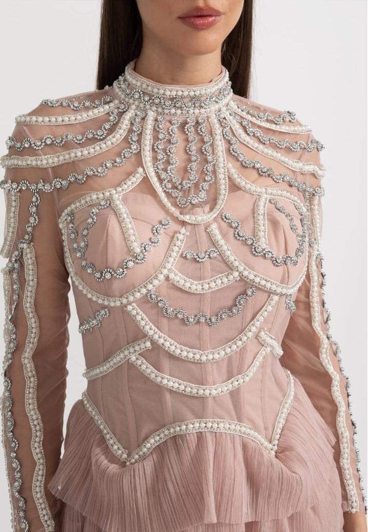 Elegant Long Sleeved Dress With Layered Ruffled Skirt And Intricate Sparkling Embellishments - Pink