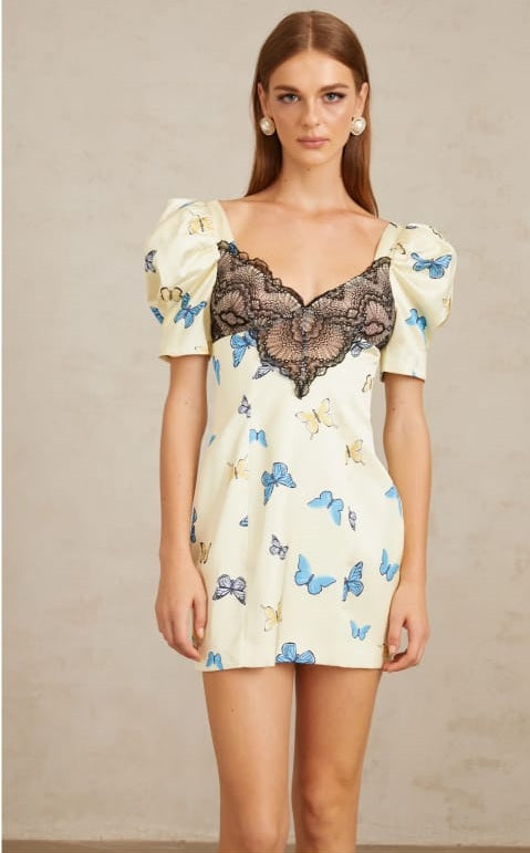 Sirkka White Butterfly Print Satin Mini Dress