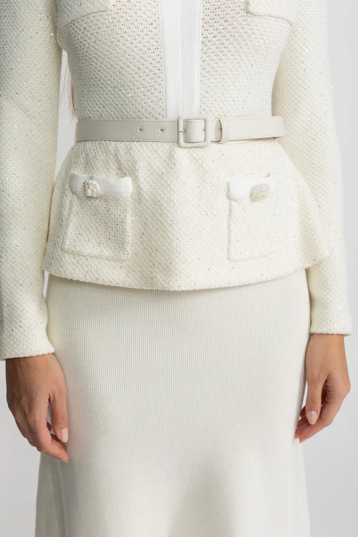 Tweed Peplum Knit Midi Dress – White