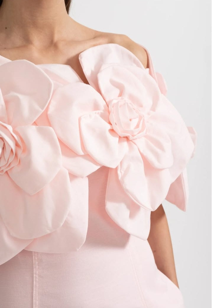 Off-Shoulder Midi Dress With Large Fabric Floral Accents - Pink