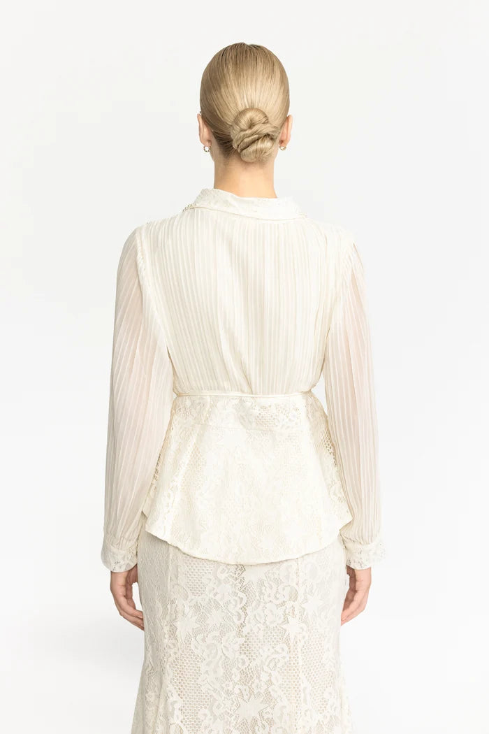 Pleated Chiffon Lace Peplum Blouse and Maxi Skirt Set - Ivoire