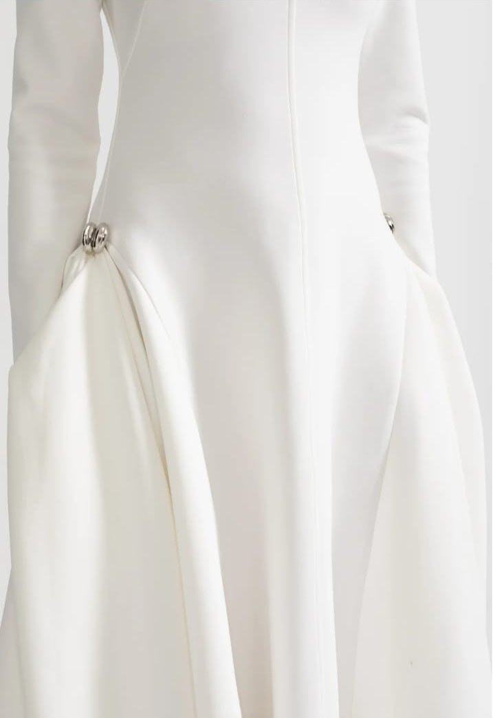 Long-Sleeved Dress With Asymmetrical Hem And Structured Silhouette - White