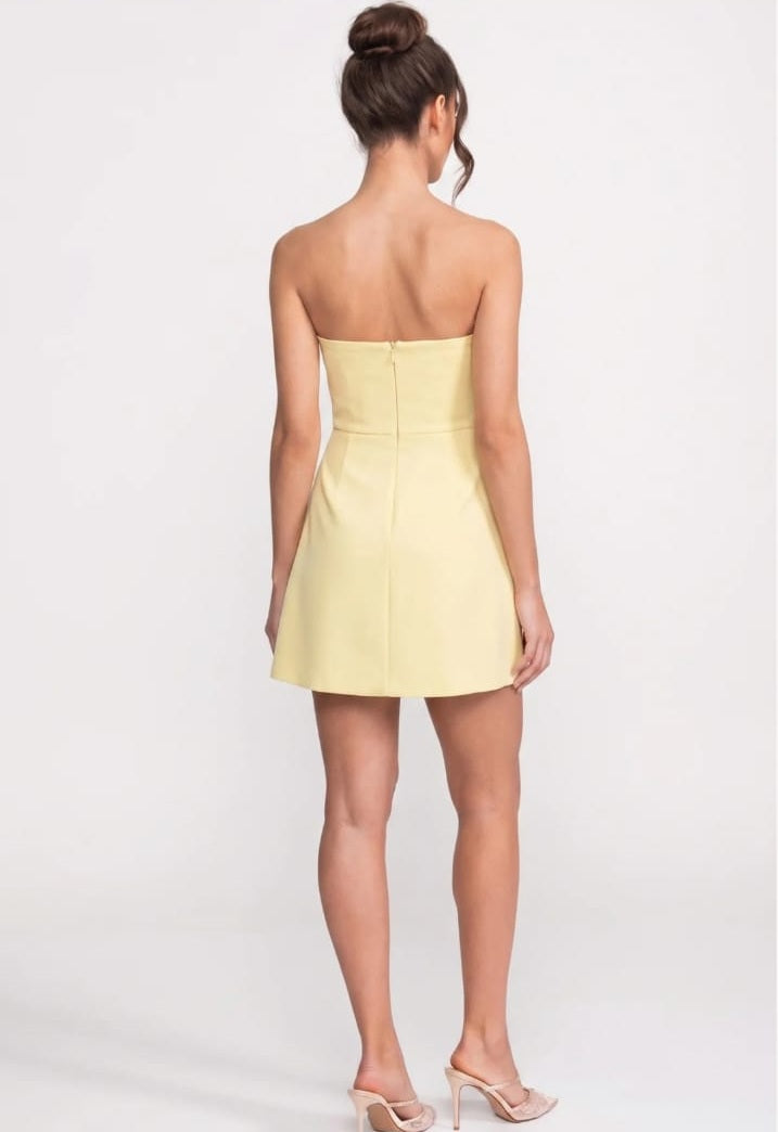 Strapless Mini Dress With 3D Camellia Floral Appliqué - Yellow