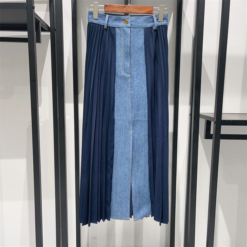 Tide Line Denim Panels Pleated  Skirt