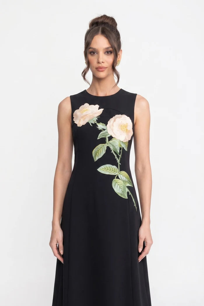 Sleeveless Midi Dress With 3D Floral Appliqué And Full Skirt - Black