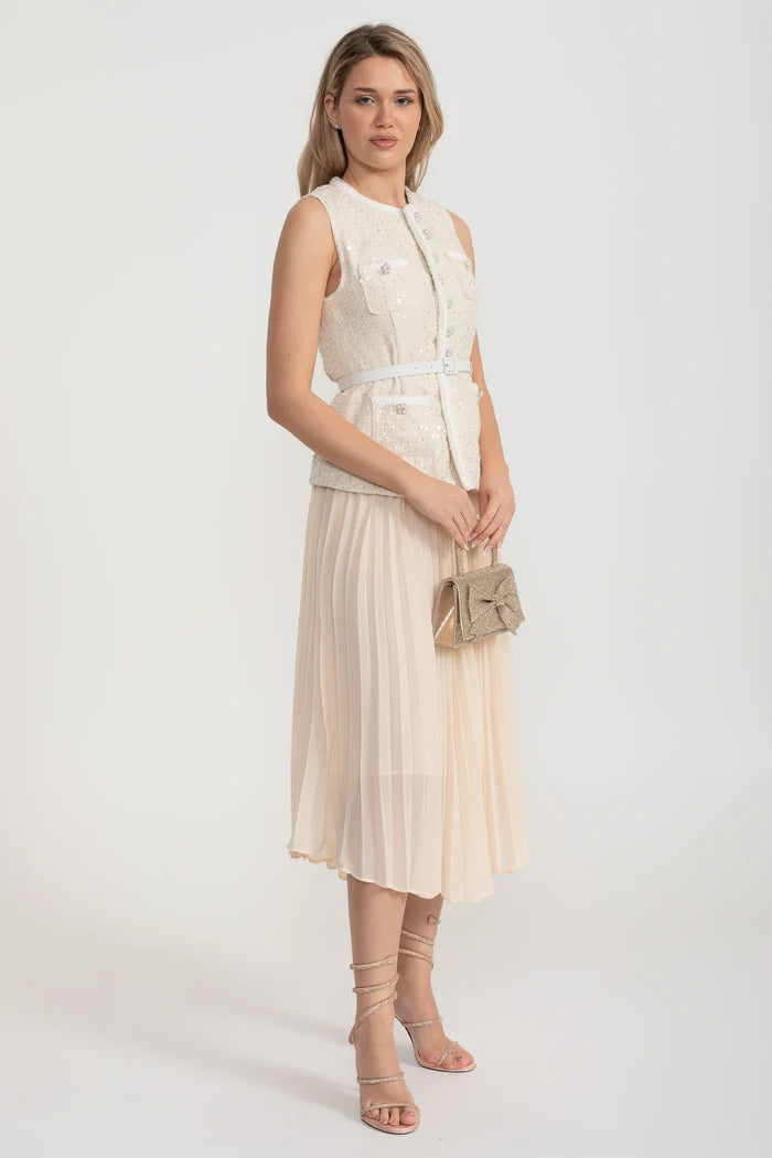 Textured Co-Ord With Front Pockets And Sheer Pleated Skirt - Ivoire