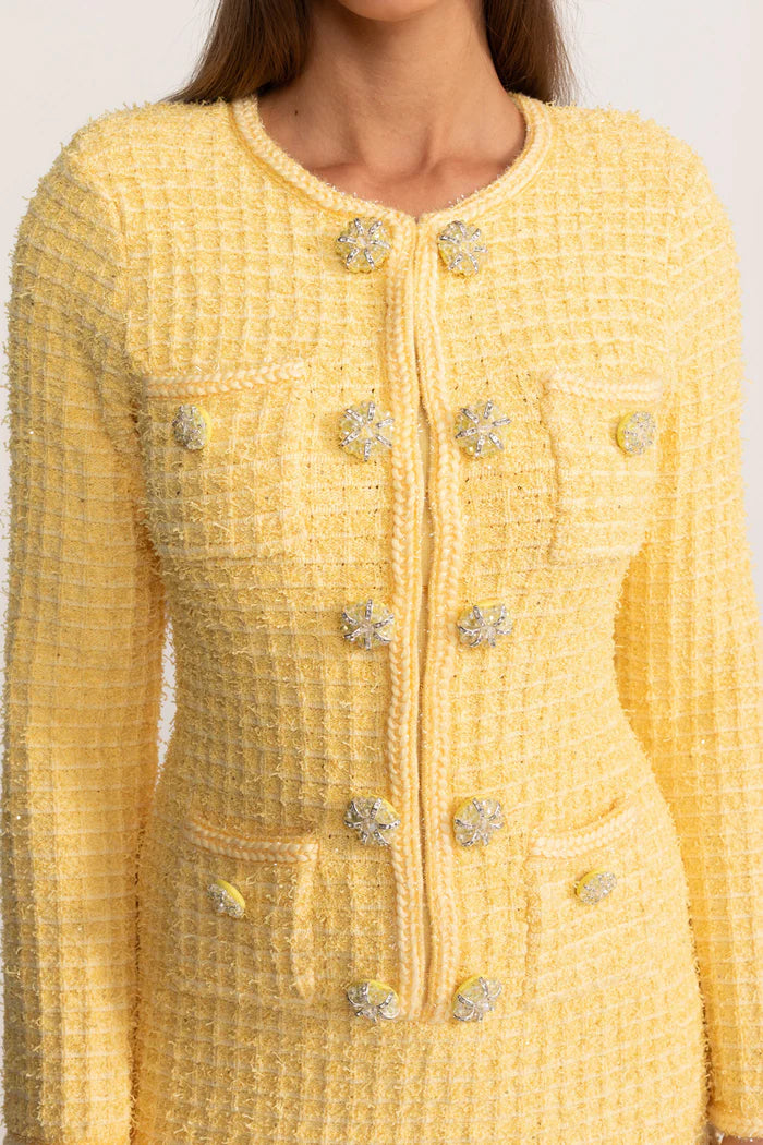 Embellished Tweed Mini Dress With Jewel Buttons – Yellow