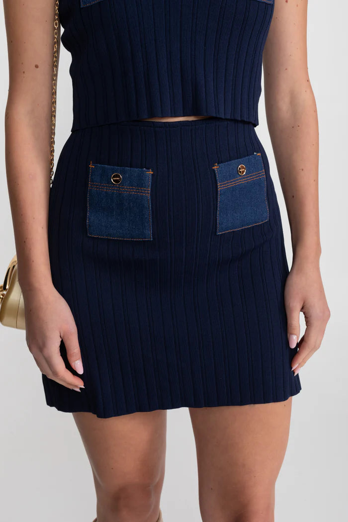 Ribbed Knit Co-ord Set with Contrast Denim Pockets - Dark Blue
