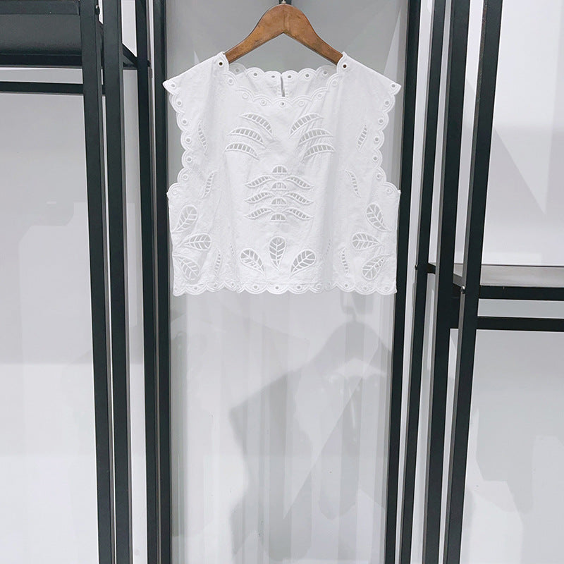 Carved Sleeveless White Trim Short Top Long Skirt