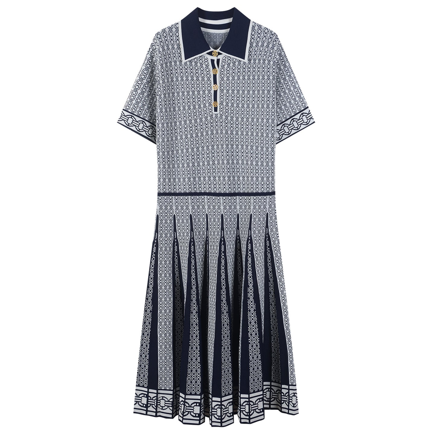 Lapel Curb Chain Jacquard Pleated Dress