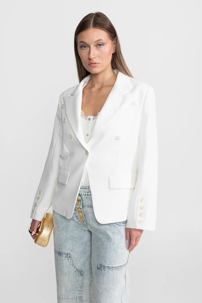 Double-Breasted Tailored Blazer With Peak Lapels – White