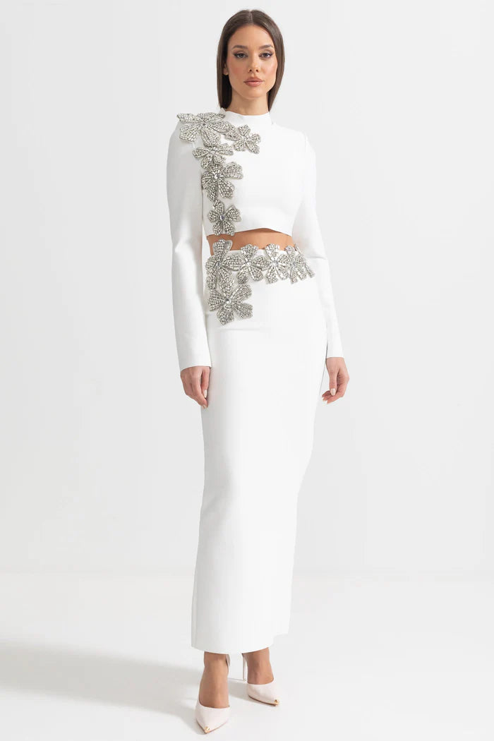 Diamond Flower Accent 2 Piece Set With Long Sleeves Top And Maxi Skirt - White