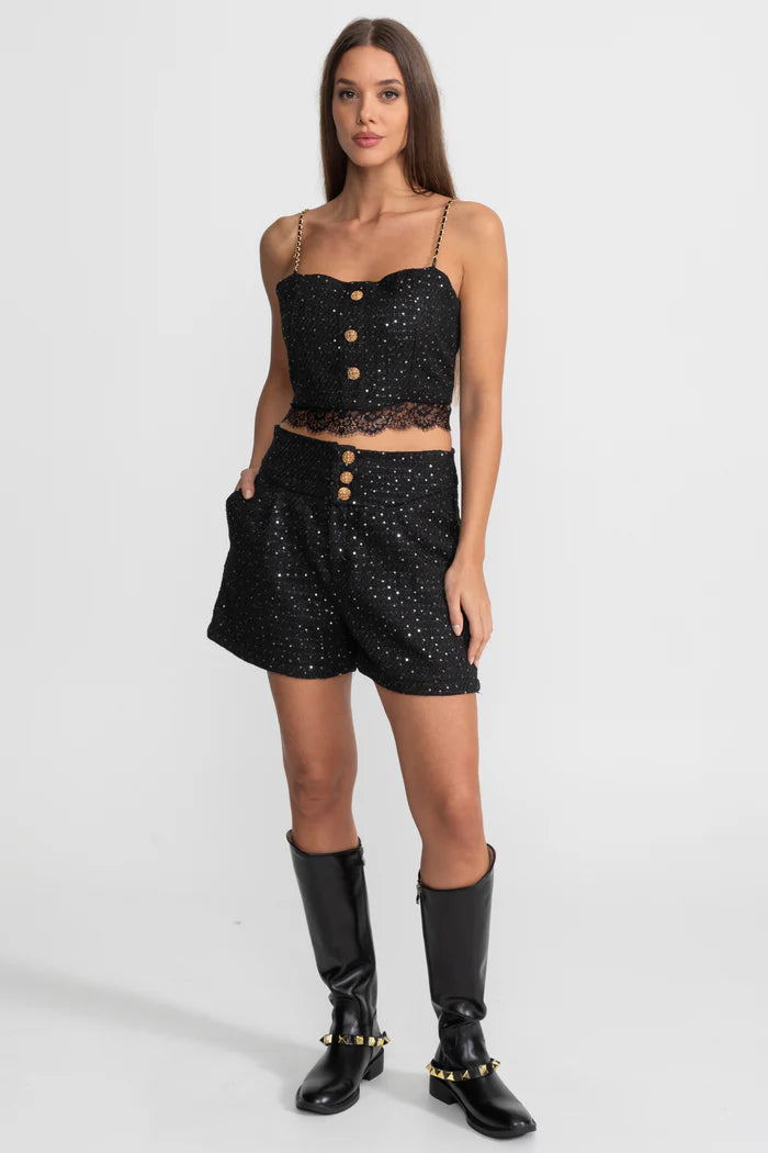 Embellished Co-Ord 3 Piece Set With Cropped Jacket, Lace Trim Top And High-Waist Shorts – Black