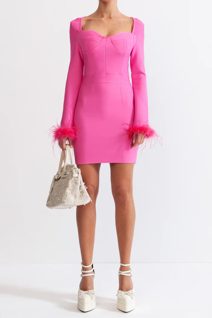 Long Sleeve Fur Mini Dress - Fuchsia