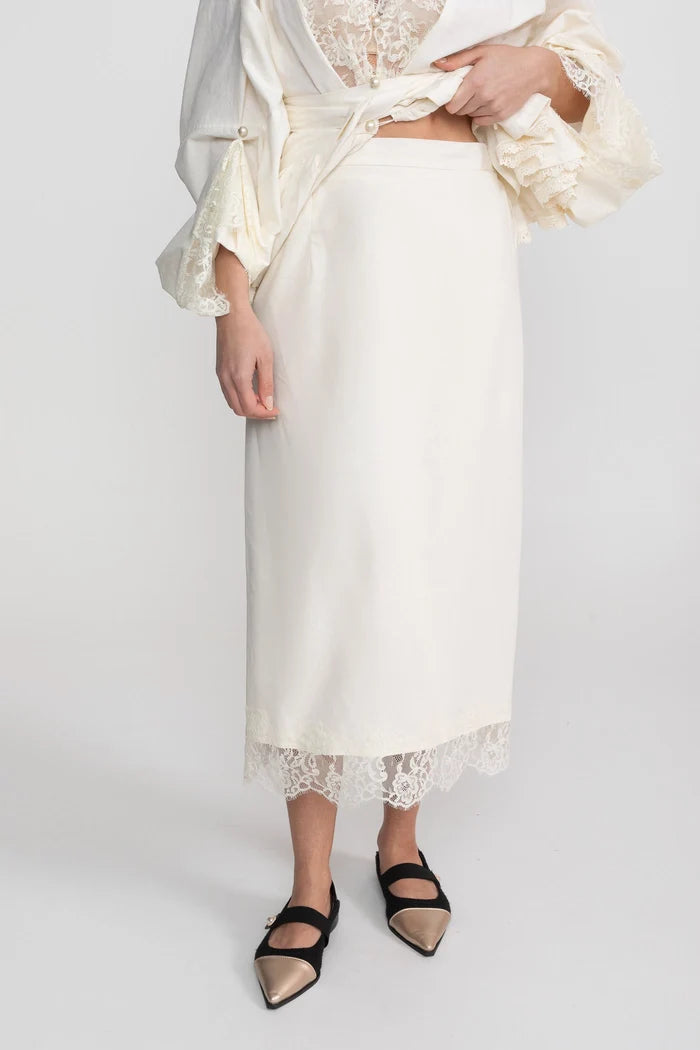 Belted Peplum Co-Ord Set With Lace Insert Detailing - Ivoire