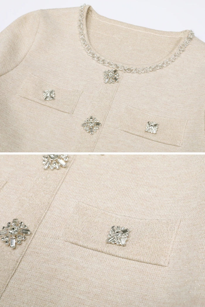 Long Sleeve Knit Co-Ord Set With Sparkling Embellishments - Beige