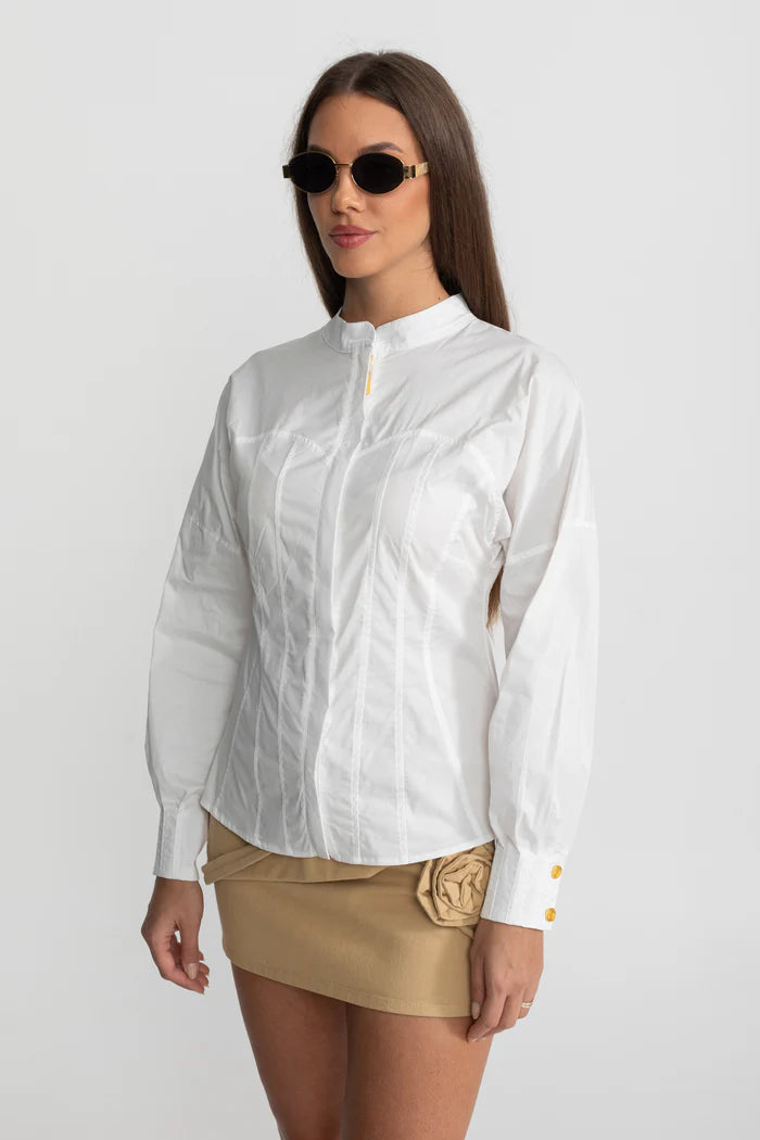 Structured Cotton Poplin Shirt With Corset Stitch Detailing – White