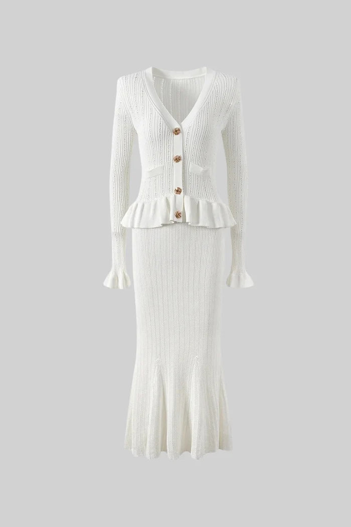 Ruffled Jacket & Flared Skirt Knit Matching Set - White