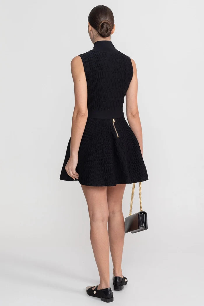 Textured Co-Ord Set With Sleeveless High Neck Top And Matching Mini Skirt - Black
