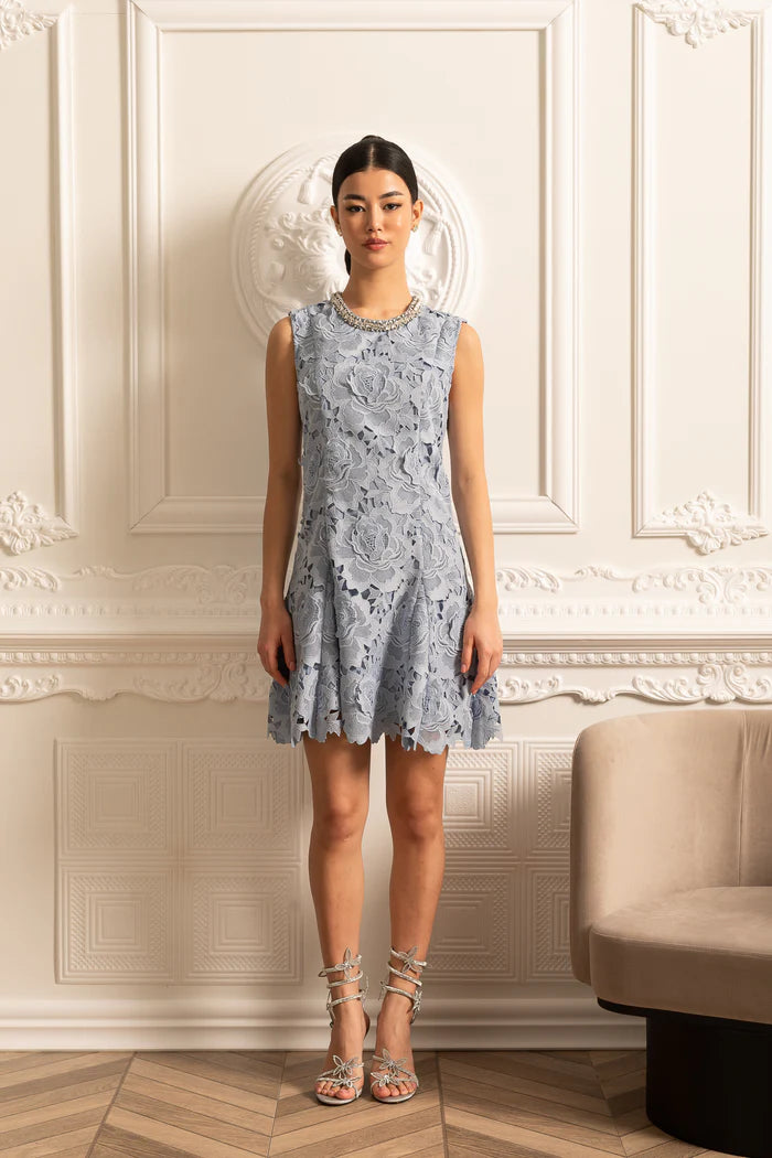Floral Pattern Lace Mini Dress With Sparkling Neckline - Blue