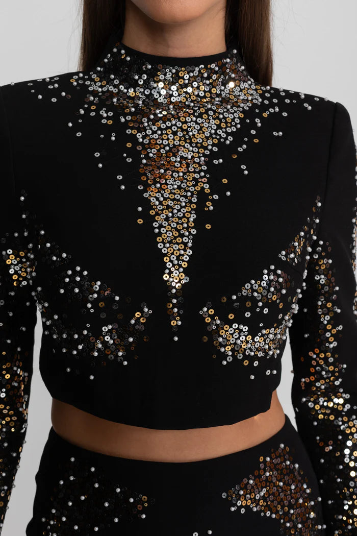 Embellished Co-Ord Set with Silver and Gold Sequin Detailing - Black