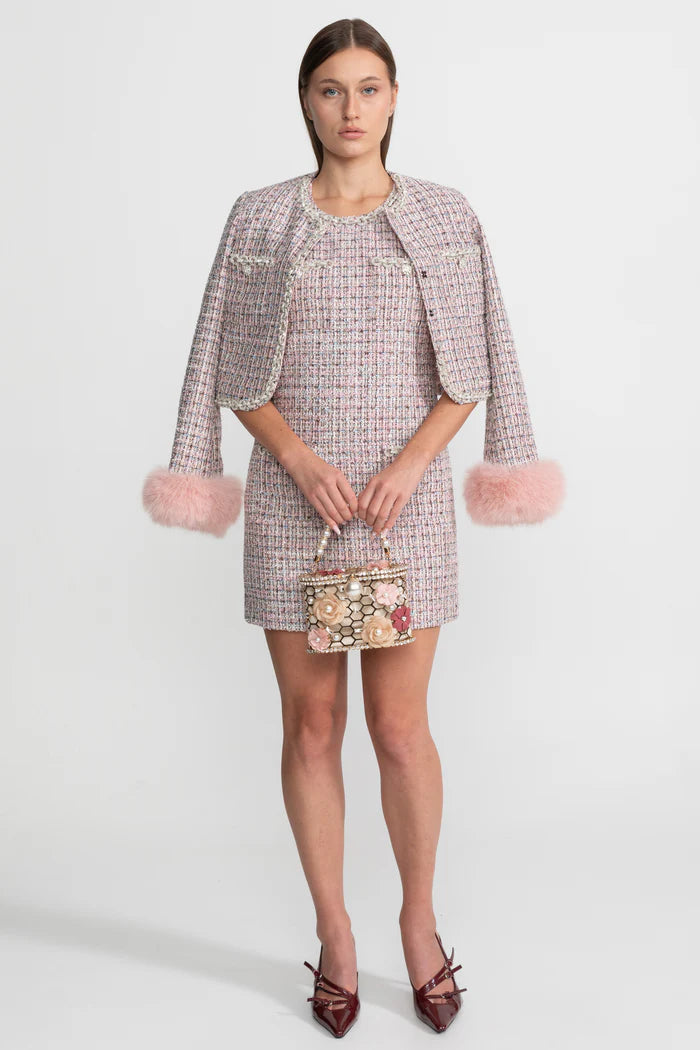Tweed Cropped Jacket with Faux Fur Cuffs - Pink