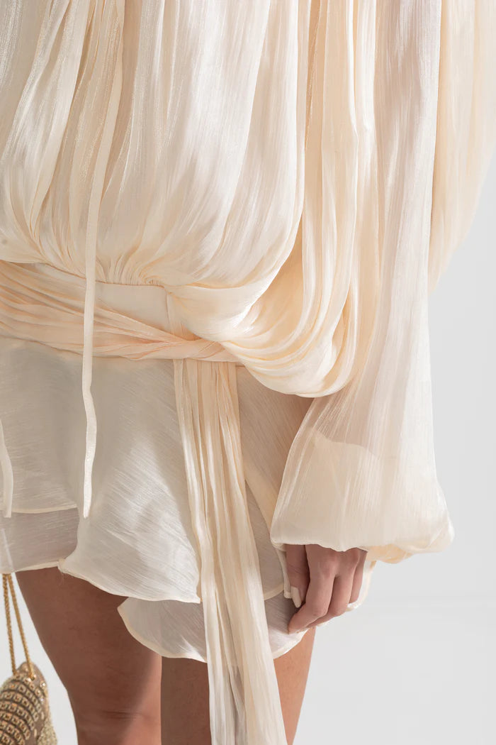 Ruffled Long Sleeved Mini Dress With Flowing Silhouette - Apricot
