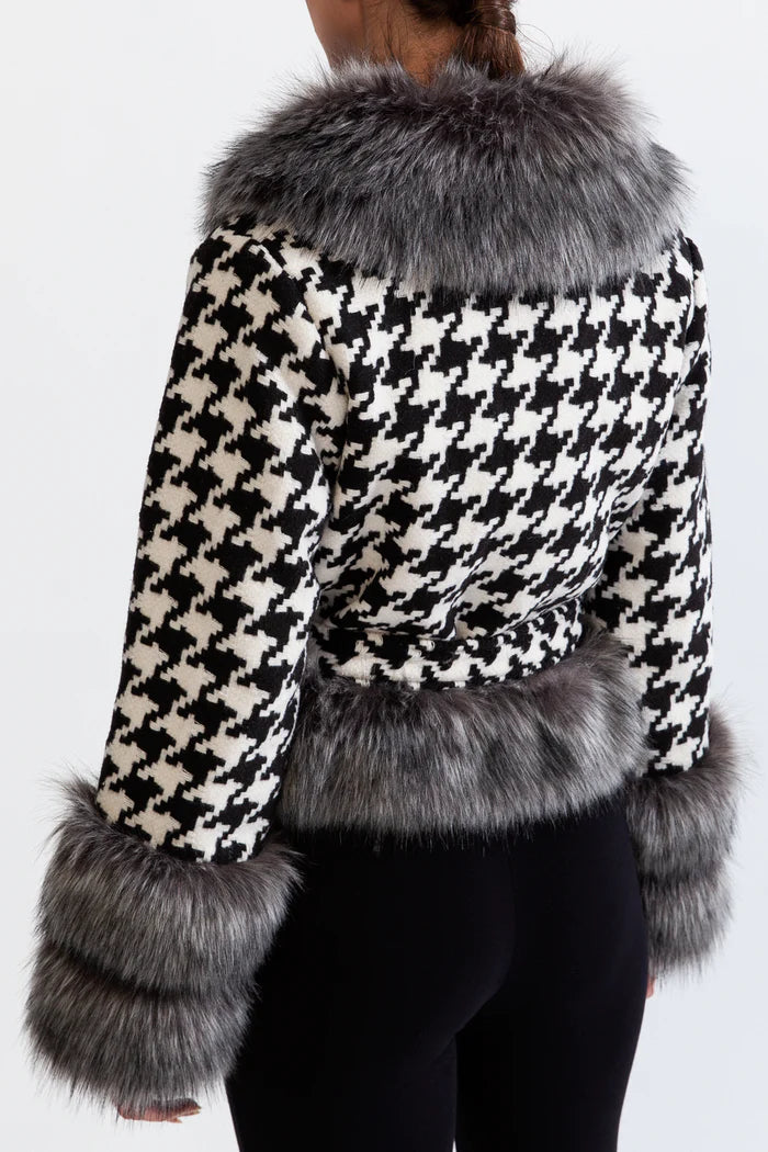 Houndstooth Wool Belted Coat with Fur