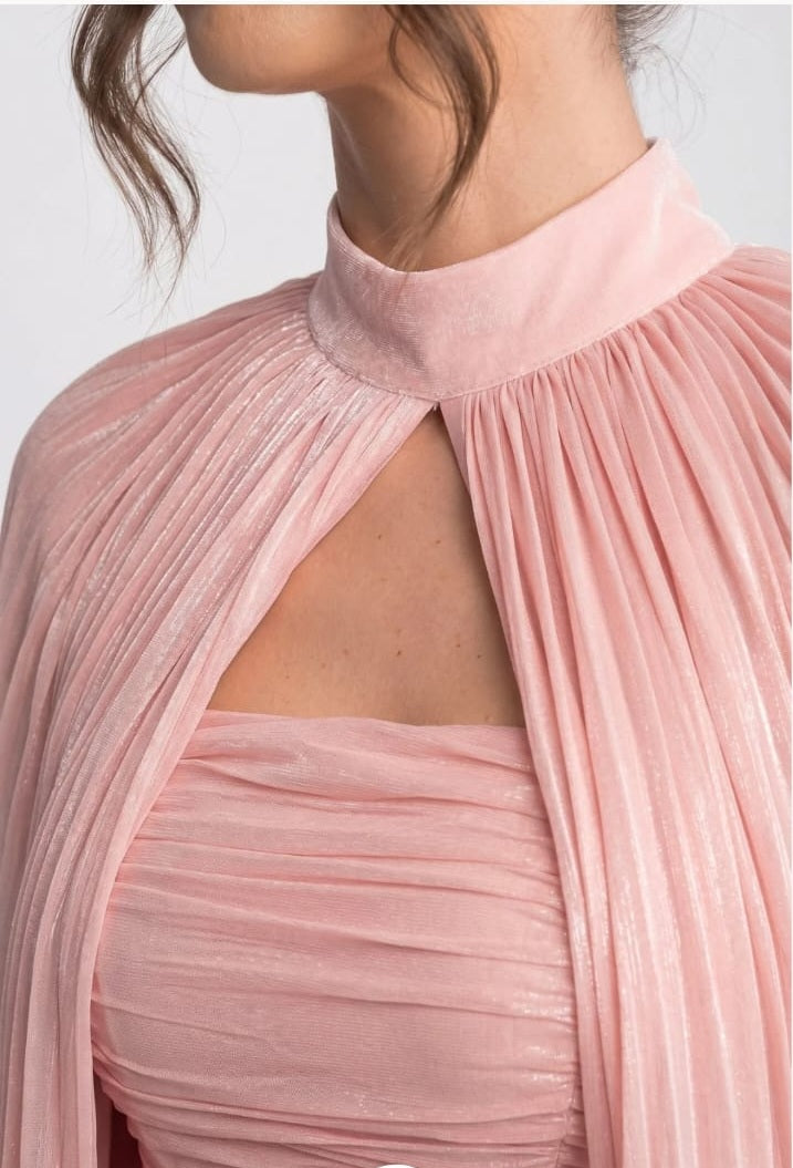 Balloon Sleeve High Neck Mini Dress with Pleated Skirt - Pink