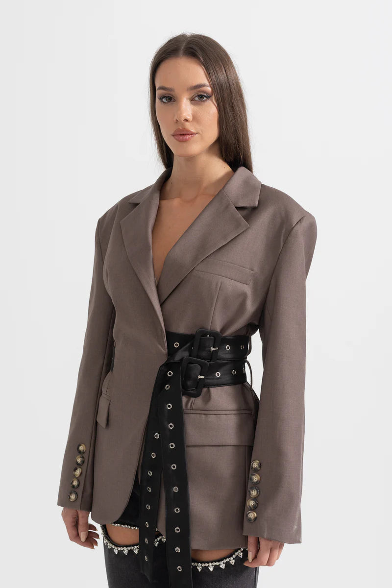 Contemporary Blazer With Dual Belt - Brown