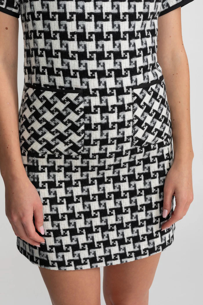 Velvet Bow Tweed Mini Dress With Check Pattern – Black And White