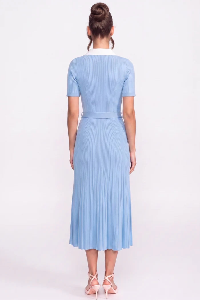 Ribbed Knit Midi Dress With White Collar And Pearl Belt - Light Blue