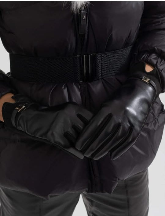 Vegan Leather And Suede Gloves With Gold Buckle Detail - Black