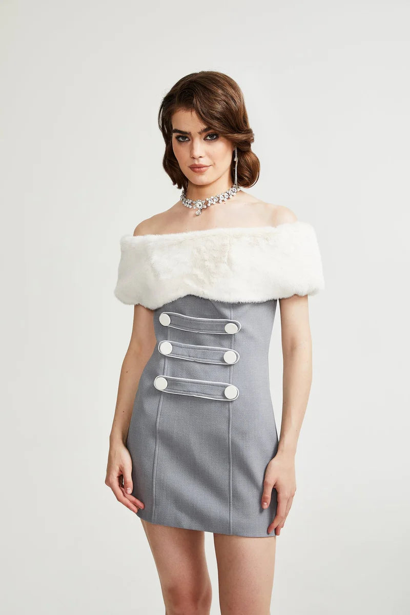 Lina Gray Faux-Fur Mini Robe