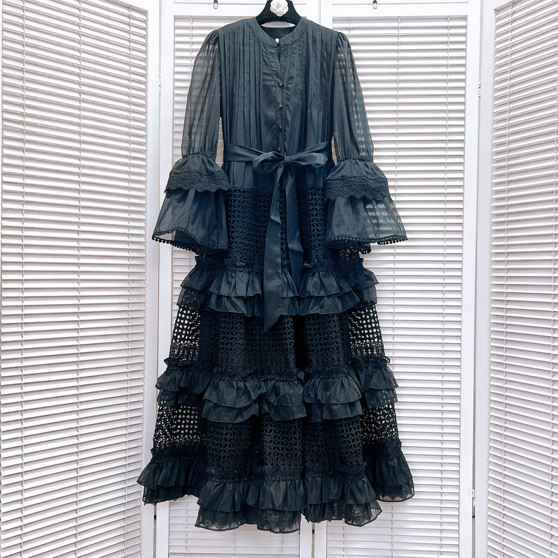 Hollow Ruffle Laminated Bell Dress