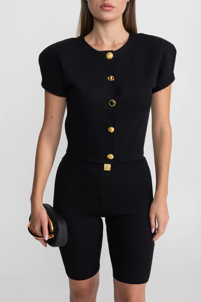 Textured Knit Co-ord Set With Structured Shoulders – Black